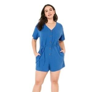 OLD NAVY Blue Textured Knit Utility Short Sleeve Romper Belted Women's Large